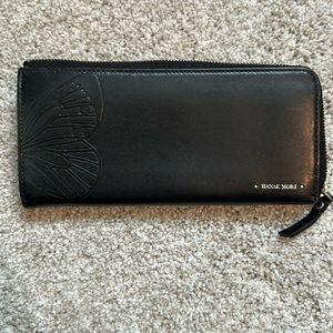 Hanae Mori long wallet. Black/silver hardware. Note the signature butterfly